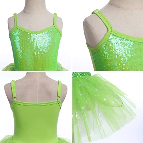 IBTOM CASTLE Maillot Ballet Niña Sin Mangas Estrella Lentejuelas Princesa Pareo de Pétalos Vestido de Ballet Gimnasia Leotardo Mallot Patinaje Competicion Niña Verde 5-6 años