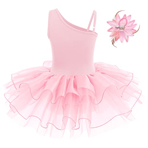 IBTOM CASTLE Maillot de Danza Disfraz Bailarina lentejuelas Tutu Faldas Vestido de Ballet para Niñas Dobladillo a Capas Maillot Gimnasia Ritmica Niña Broche con Flor, Tocado con Flor Rosa 5-6 años