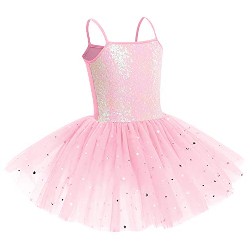 IBTOM CASTLE Niña Mallot de Ballet Tirantes Disfraz Bailarina Tutu Lentejuelas Gasa Maillot Gimnasia Ritmica Niña Leotardo Traje de Ballet Rosa 3-4 años