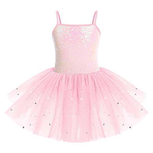 IBTOM CASTLE Niña Mallot de Ballet Tirantes Disfraz Bailarina Tutu Lentejuelas Gasa Maillot Gimnasia Ritmica Niña Leotardo Traje de Ballet Rosa 3-4 años