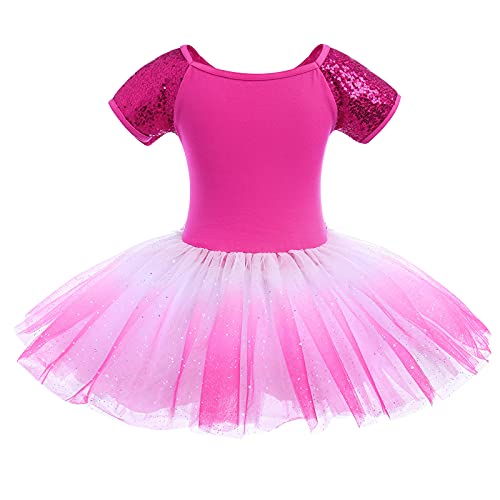 IBTOM CASTLE Vestido de Ballet para Niñas Top de Manga Corta con Lentejuelas Disfraz Bailarina Maillot de Danza Leotardo Fiesta Actuación para Niña Tutu Faldas Rosa Roja 7-8 Años