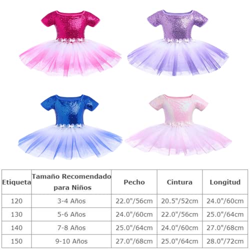 IBTOM CASTLE Vestido de Ballet para Niñas Top de Manga Corta con Lentejuelas Disfraz Bailarina Maillot de Danza Leotardo Fiesta Actuación para Niña Tutu Faldas Rosa Roja 7-8 Años