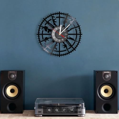 ICECHEN Reloj De Pared con Disco De Vinilo De 12 Pulgadas.Reloj De Pared con Grabación De Vinilo para Armas De Fuego, Decoración para Habitación De Cueva De Hombre, Armas Militares, Reloj