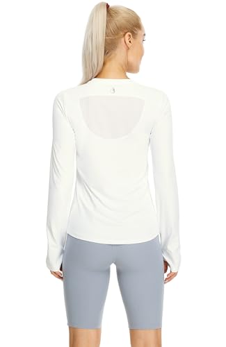 icyzone - Camisas de entrenamiento de manga larga para mujer, camisetas de yoga con cuello redondo atléticas, playera de secado rápido para correr con agujeros para el pulgar, Blanco sucio, S