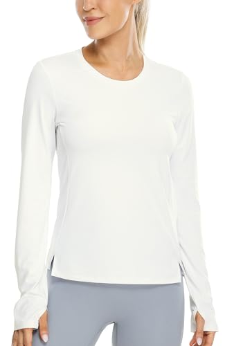 icyzone - Camisas de entrenamiento de manga larga para mujer, camisetas de yoga con cuello redondo atléticas, playera de secado rápido para correr con agujeros para el pulgar, Blanco sucio, S