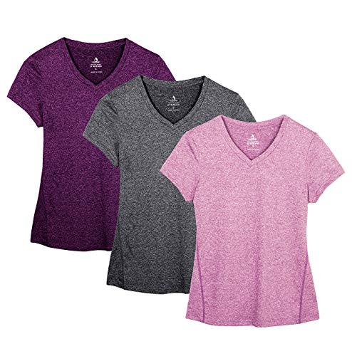 icyzone Camiseta de Deportiva de Manga Corta para Mujer, Pack de 3 (M, Carboncillo/Jam/Rosado)