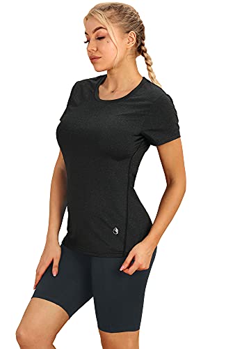 icyzone Camiseta de Fitness de Manga Corta para Mujer, Pack de 3 (M, Negro/Granito/Verde)