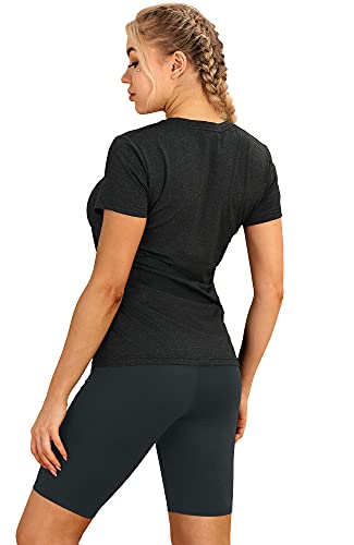 icyzone Camiseta de Fitness de Manga Corta para Mujer, Pack de 3 (M, Negro/Granito/Verde)