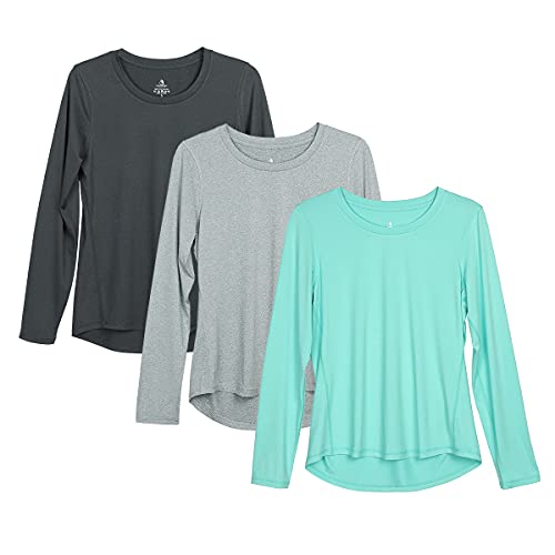 icyzone Camiseta de Fitness Deportiva de Manga Larga para Mujer, Pack de 3 (XL, Negro/Gris/Verde Hielo)