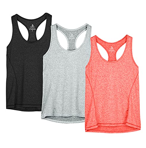 icyzone Camiseta de Tirantes Fitness Deportiva Mujer, Pack de 3 (L, Negro/Granito/Naranja)