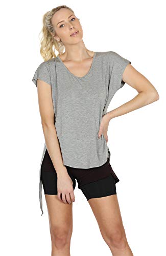 icyzone Camiseta Deportiva de Manga Corta de Suelta de Espalda Abierta para Mujer, Pack de 2 -M-Negro/Gris