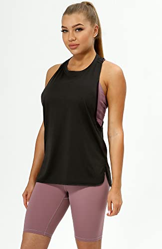 icyzone Camisetas sin mangas de entrenamiento para mujer, para correr, muscular, deporte, ejercicio, gimnasio, yoga, camisetas atléticas (paquete de 3), Negro/Blanco/Amarillo Mellow, Large