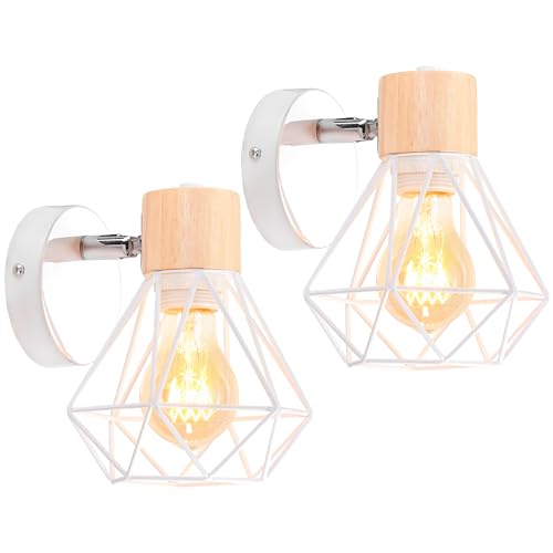 iDEGU 2 Piezas Lámpara de Pared Vintage 16CM Aplique Pared Interior de Madera Metal Industrial Diseño Jaula Luz de Pared Ajustable Retro Iluminación E27 para Dormitorio Pasillo Cocina (Tipo-B Blanco)