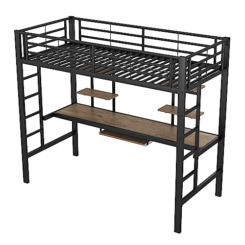 Idemon Estructura de cama de metal, cama de hierro, cama alta con escritorio y dos estanterías para niños, adolescentes y adultos, 90 x 200 cm, negro, WX000123