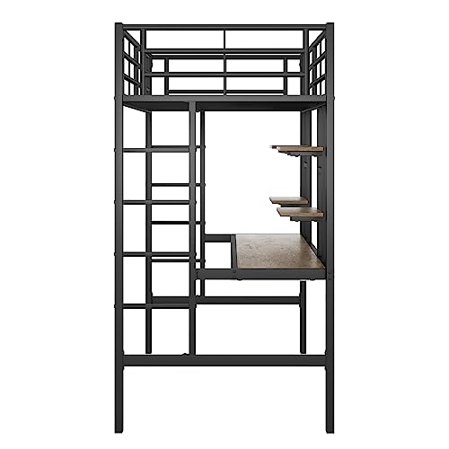 Idemon Estructura de cama de metal, cama de hierro, cama alta con escritorio y dos estanterías para niños, adolescentes y adultos, 90 x 200 cm, negro, WX000123