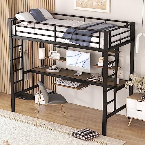 Idemon Estructura de cama de metal, cama de hierro, cama alta con escritorio y dos estanterías para niños, adolescentes y adultos, 90 x 200 cm, negro, WX000123