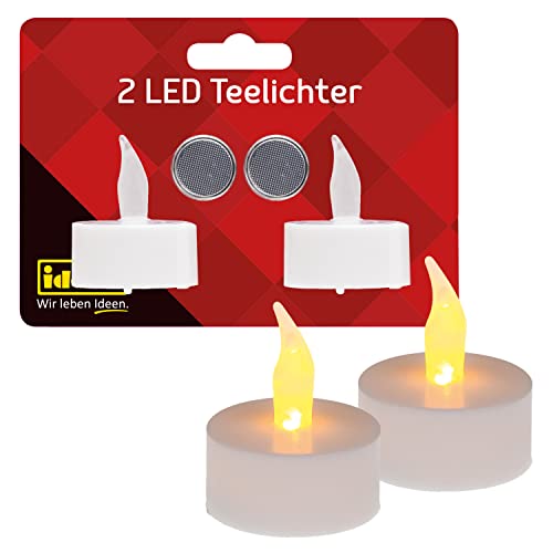 Idena 408982 - Velas de té LED, 2 piezas, velas eléctricas con luz parpadeante, pilas incluidas, decoración para bodas, fiestas, Navidad, Pascua, como luz de ambiente