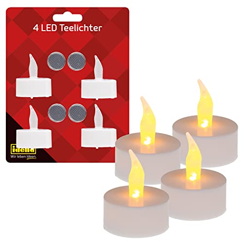 Idena 408998 - Velas de té LED, 4 piezas, velas eléctricas con luz parpadeante, pilas incluidas, decoración para bodas, fiestas, Navidad, Pascua, como luz de ambiente