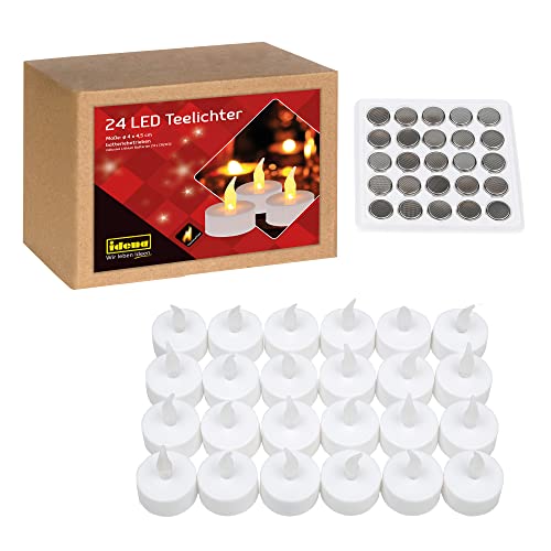 Idena 50023 - Velas de té LED, 24 piezas, velas eléctricas con luz parpadeante, pilas incluidas, decoración para bodas, fiestas, navidad, en caja, pascua, como luz de ambiente