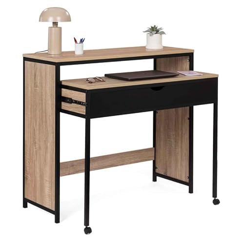 IDMarket – Escritorio extensible con 1 cajón Boston Madera y Negro Diseño Industrial