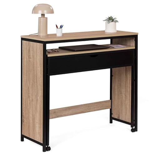 IDMarket – Escritorio extensible con 1 cajón Boston Madera y Negro Diseño Industrial