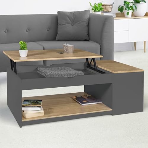 IDMarket - Mesa baja con bandeja elevable ELEA con maletero de madera gris y forma de haya