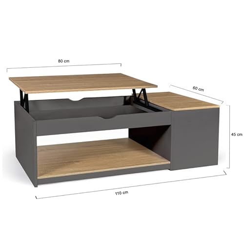 IDMarket - Mesa baja con bandeja elevable ELEA con maletero de madera gris y forma de haya