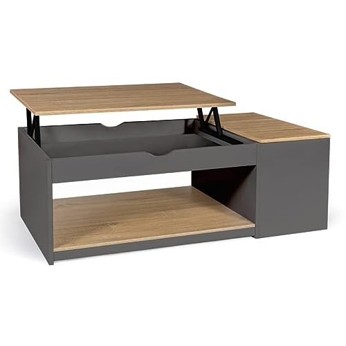 IDMarket - Mesa baja con bandeja elevable ELEA con maletero de madera gris y forma de haya