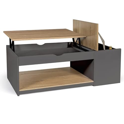 IDMarket - Mesa baja con bandeja elevable ELEA con maletero de madera gris y forma de haya