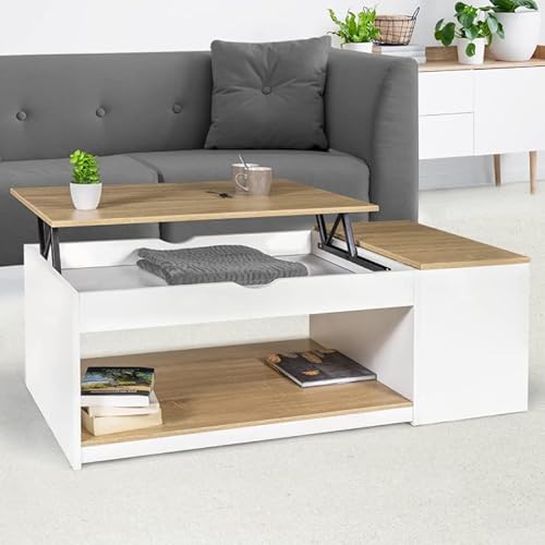 IDMarket - Mesa baja elevable ELEA con caja de madera blanca y forma de haya