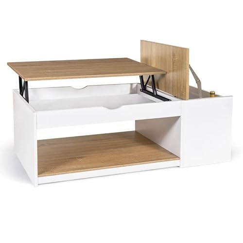 IDMarket - Mesa baja elevable ELEA con caja de madera blanca y forma de haya