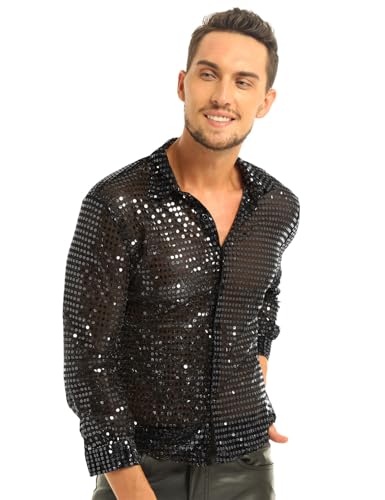 IEFIEL Camisa de Baile Latino Lentejuelas Hombre Camisa de Danza Moderna Brillante Sexy Traje de Baile Disfraz Estilo 80s Vintage M-XL Negro X-Large