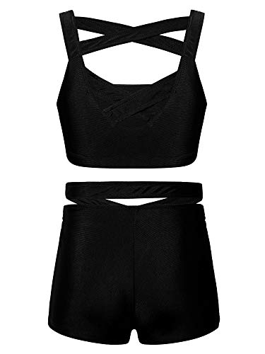 IEFIEL Conjunto Corto de Deportivo para Niñas Verano Crop Top y Leggings Cortos de Elásticos Maillot Gimnasia Rítmica Ropa de Deportiva Fitness Yoga 3-14 Años Negro 11-12 años