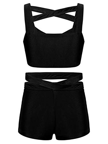 IEFIEL Conjunto Corto de Deportivo para Niñas Verano Crop Top y Leggings Cortos de Elásticos Maillot Gimnasia Rítmica Ropa de Deportiva Fitness Yoga 3-14 Años Negro 11-12 años