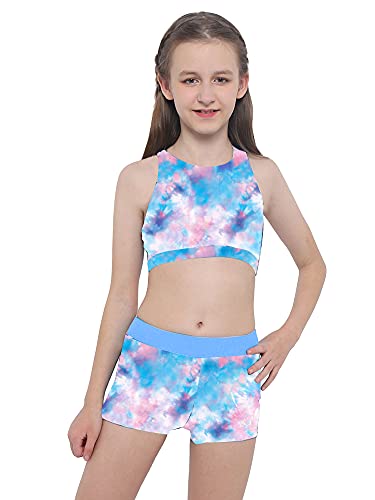 IEFIEL Conjunto de Deportivo Gimnasia para Niñas Crop Top y Leggings Pantalones Cortos de Deportivos Danza Ropa de Fitness Yoga Playa Natación 3-16 Años Azul+Rosa 9-10 años