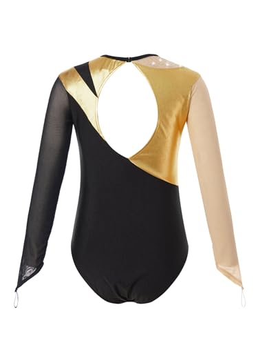 IEFIEL Leotardo Gimnasia de Manga Larga para Niña Multicolor con Pedrería Brillante Body de Patinaje Artístico Maillot de Bailarina Competición 5-16 Años R Dorado 11-12 años