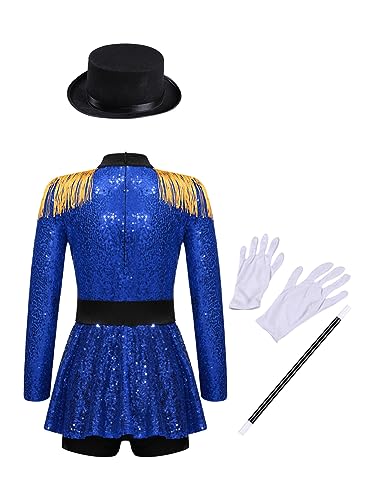 IEFIEL Maillot Ballet de Circo para Niñas Manga Larga Vestido Lentejuelas de Gimnasia Patinaje con Borlas y Sombrero y Guantes y Varita Mágica Disfraz Majorette de Tambor 5-16 Años Azul 9-10 años