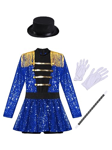 IEFIEL Maillot Ballet de Circo para Niñas Manga Larga Vestido Lentejuelas de Gimnasia Patinaje con Borlas y Sombrero y Guantes y Varita Mágica Disfraz Majorette de Tambor 5-16 Años Azul 9-10 años