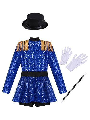 IEFIEL Maillot Ballet de Circo para Niñas Manga Larga Vestido Lentejuelas de Gimnasia Patinaje con Borlas y Sombrero y Guantes y Varita Mágica Disfraz Majorette de Tambor 5-16 Años Azul 9-10 años