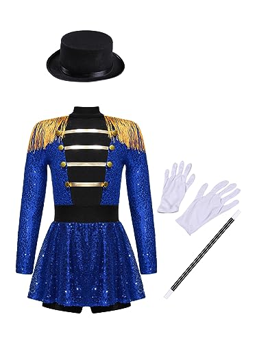 IEFIEL Maillot Ballet de Circo para Niñas Manga Larga Vestido Lentejuelas de Gimnasia Patinaje con Borlas y Sombrero y Guantes y Varita Mágica Disfraz Majorette de Tambor 5-16 Años Azul 9-10 años