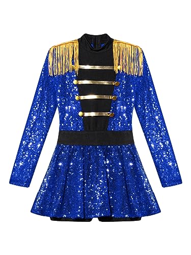 IEFIEL Maillot Ballet de Circo para Niñas Manga Larga Vestido Lentejuelas de Gimnasia Patinaje con Borlas y Sombrero y Guantes y Varita Mágica Disfraz Majorette de Tambor 5-16 Años Azul 9-10 años