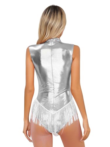 IEFIEL Maillot Brillante de Baile Latino para Niña con Borlas y Lentejuelas Leotardo de Gimnasia Rítmica Body de Danza Disfraz de Bailarina S-XXL A Plateado S