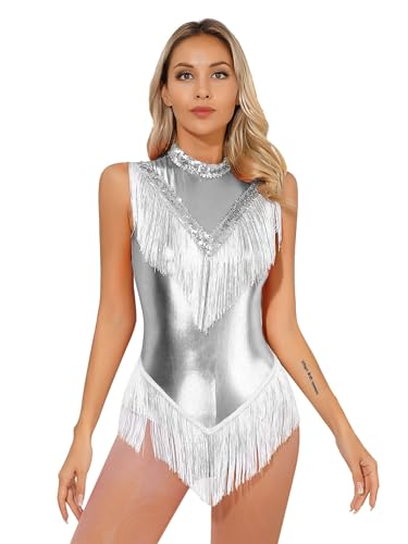 IEFIEL Maillot Brillante de Baile Latino para Niña con Borlas y Lentejuelas Leotardo de Gimnasia Rítmica Body de Danza Disfraz de Bailarina S-XXL A Plateado S