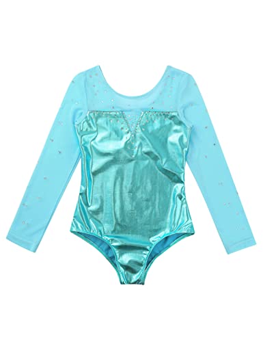 IEFIEL Maillot Brillante de Danza Ballet para Niña Manga Larga Maillot de Patinaje Artístico Mono Elástico de Gimnasia Rítmica Disfraz de Bailarina Ballet Azul Verdoso 3-4 años