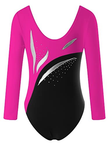 IEFIEL Maillot Brillante de Danza Ballet para Niña Manga Larga Maillot de Patinaje Artístico Mono Elástico de Gimnasia Rítmica Disfraz de Bailarina Ballet S Rosa caliente 9-10 años