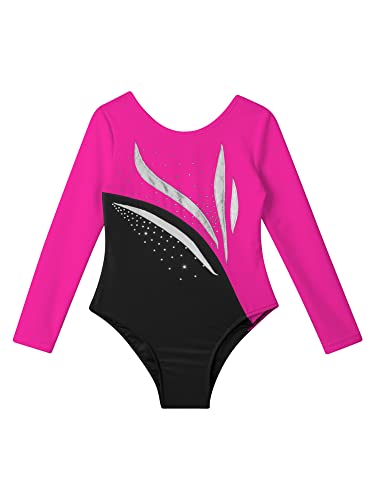 IEFIEL Maillot Brillante de Danza Ballet para Niña Manga Larga Maillot de Patinaje Artístico Mono Elástico de Gimnasia Rítmica Disfraz de Bailarina Ballet S Rosa caliente 9-10 años