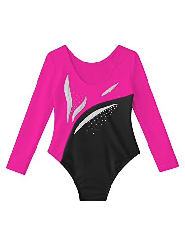 IEFIEL Maillot Brillante de Danza Ballet para Niña Manga Larga Maillot de Patinaje Artístico Mono Elástico de Gimnasia Rítmica Disfraz de Bailarina Ballet S Rosa caliente 9-10 años