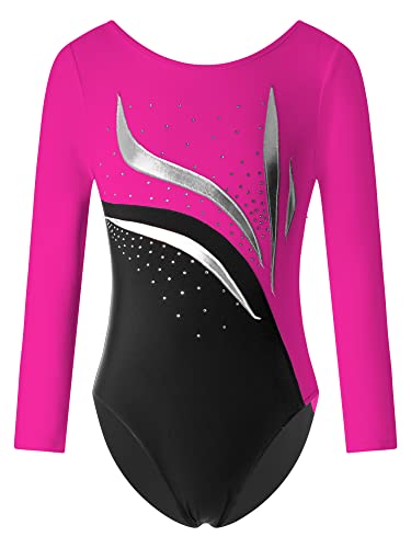 IEFIEL Maillot Brillante de Danza Ballet para Niña Manga Larga Maillot de Patinaje Artístico Mono Elástico de Gimnasia Rítmica Disfraz de Bailarina Ballet S Rosa caliente 9-10 años