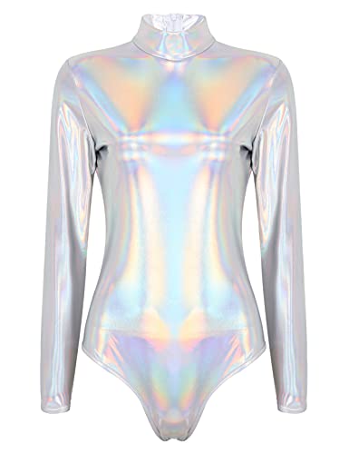 IEFIEL Maillot de Danza Ballet para Mujer Body Brillante de Manga Larga Maillot Elástico con Cuello Alto Leotardo Gimnasia Rítmica de Bailarina XS-3XL Plateado A M