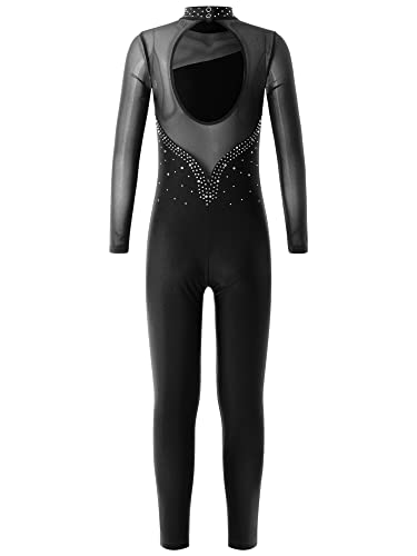 IEFIEL Maillot Entorno de Gimnasia Rítmica Para Niña Mono Elástico de Patinaje Artístico Maillot Manga Larga de Danza Ballet Disfraz de Bailarina S Negro 9-10 años